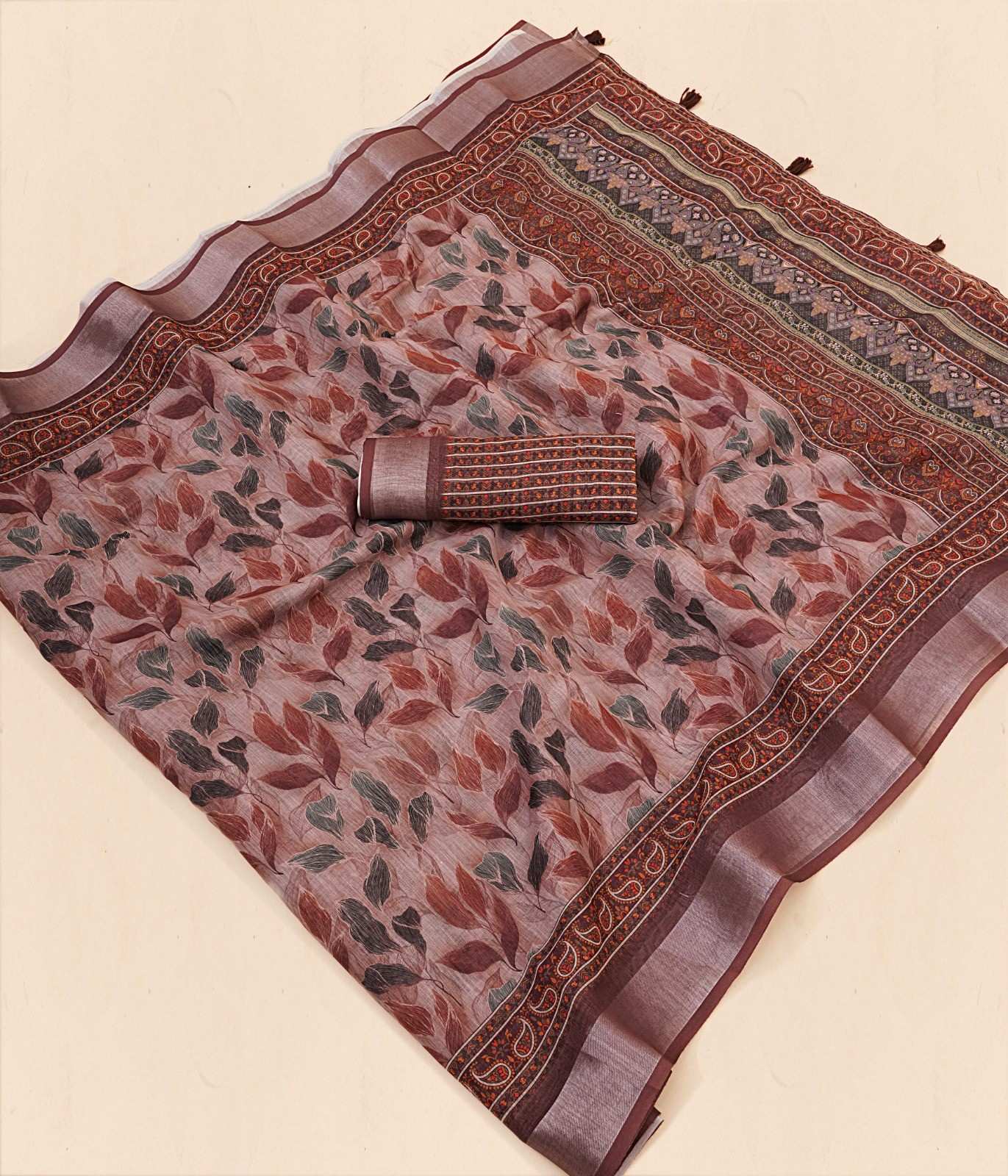 Premium Linen Cotton Digital Print Sarees with Fancy Latkans