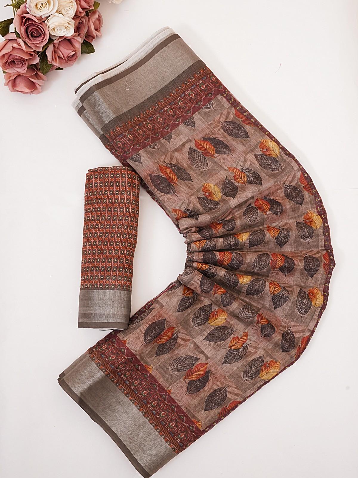 Premium Linen Cotton Digital Print Sarees with Fancy Latkans