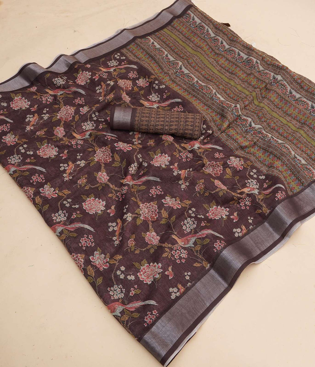 Premium Linen Cotton Digital Print Sarees with Fancy Latkans
