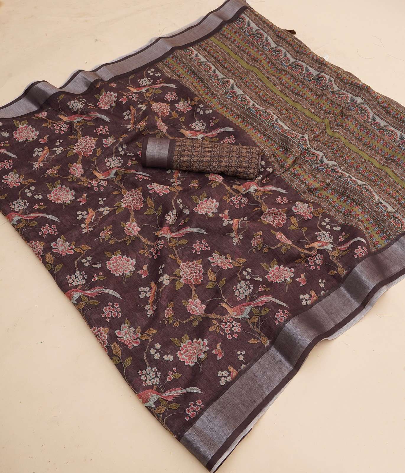 Premium Linen Cotton Digital Print Sarees with Fancy Latkans