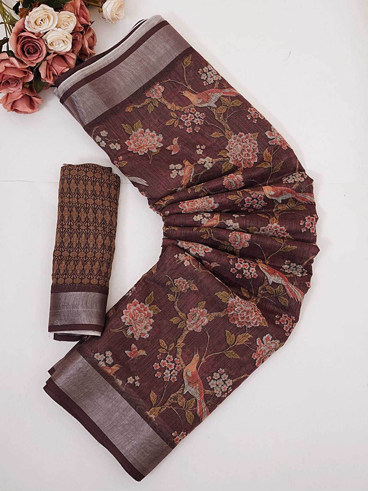 Premium Linen Cotton Digital Print Sarees with Fancy Latkans