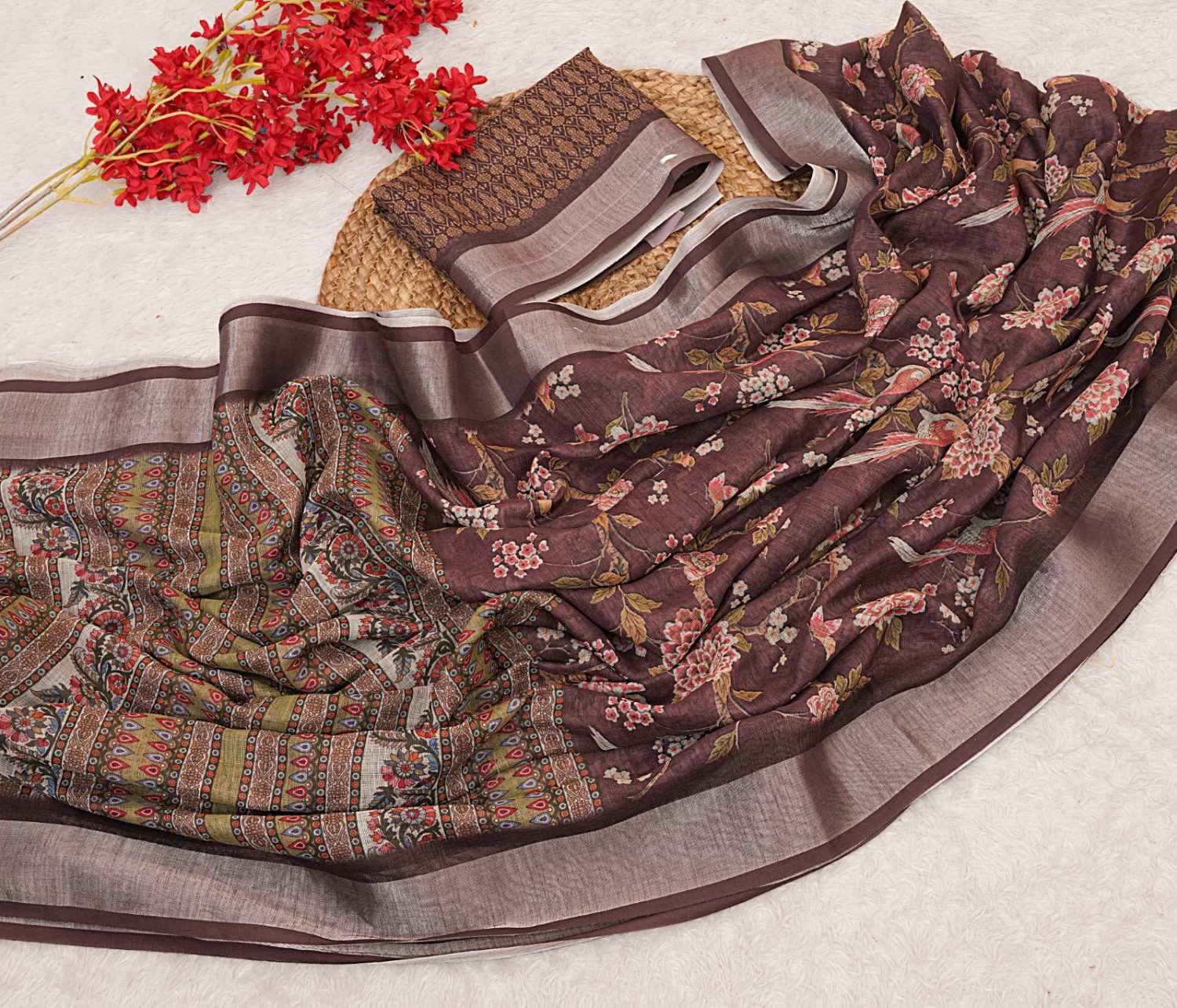 Premium Linen Cotton Digital Print Sarees with Fancy Latkans