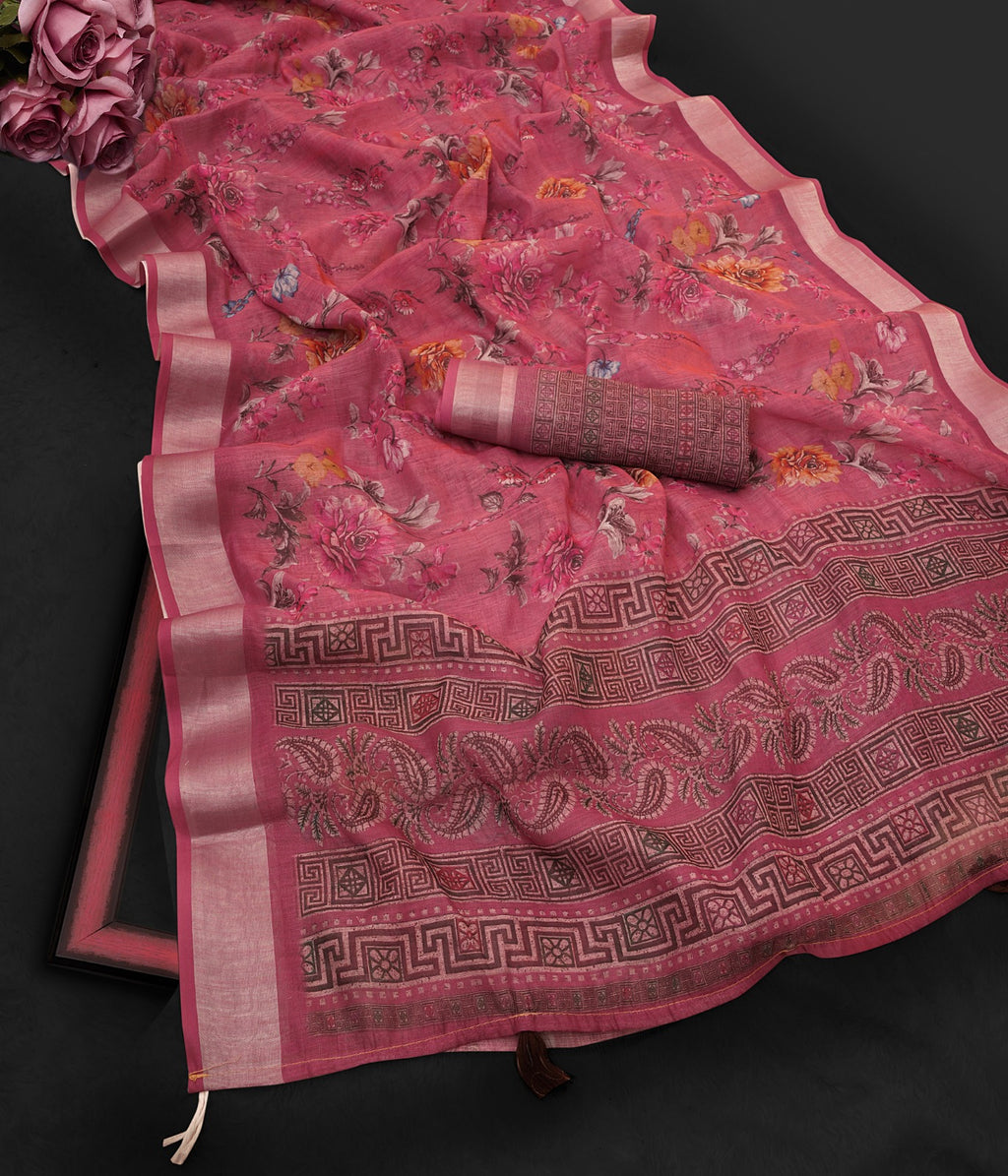 Premium Linen Cotton Digital Print Saree With Fancy Latkans