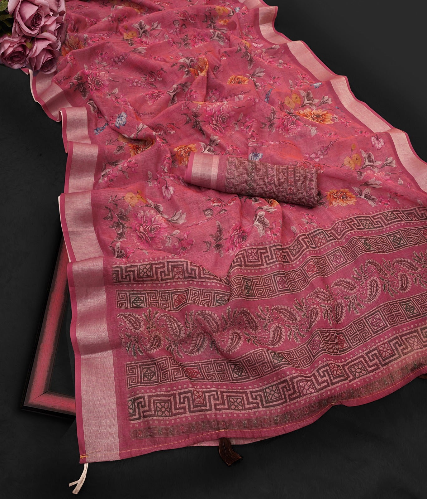 Premium Linen Cotton Digital Print Saree With Fancy Latkans