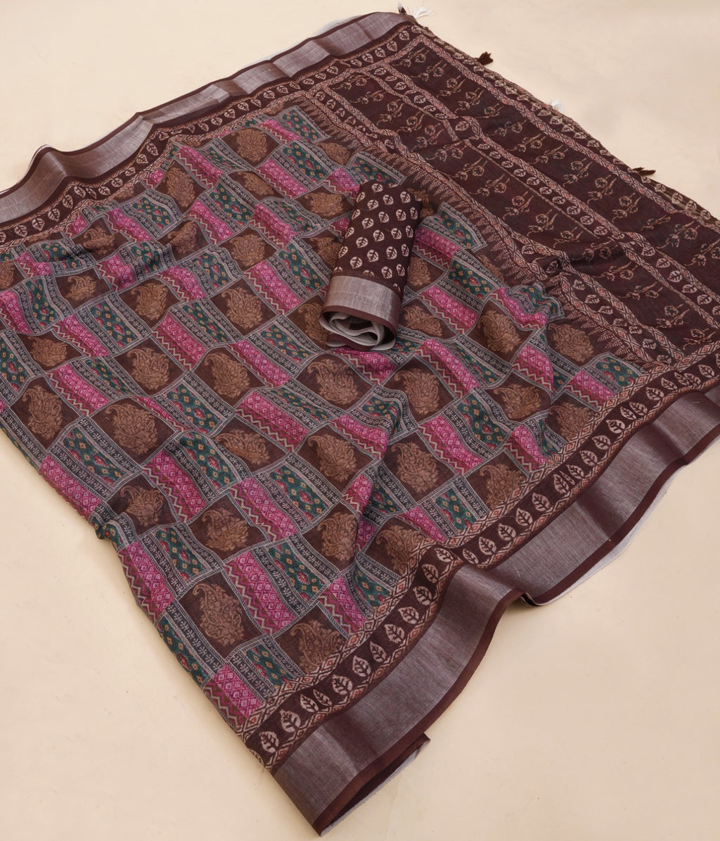 Premium Linen Cotton Digital Print Saree With Fancy Latkans
