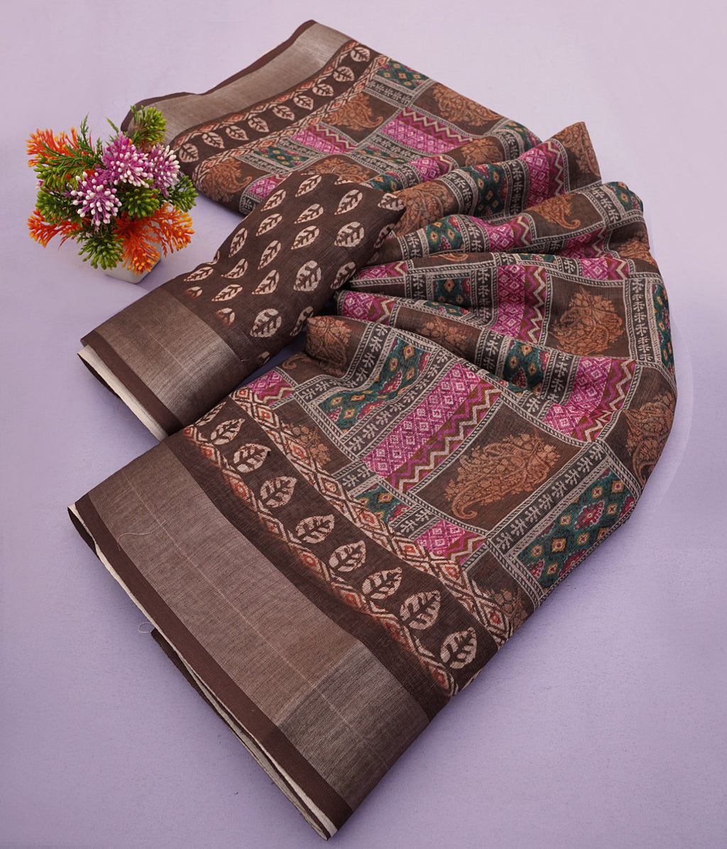 Premium Linen Cotton Digital Print Saree With Fancy Latkans