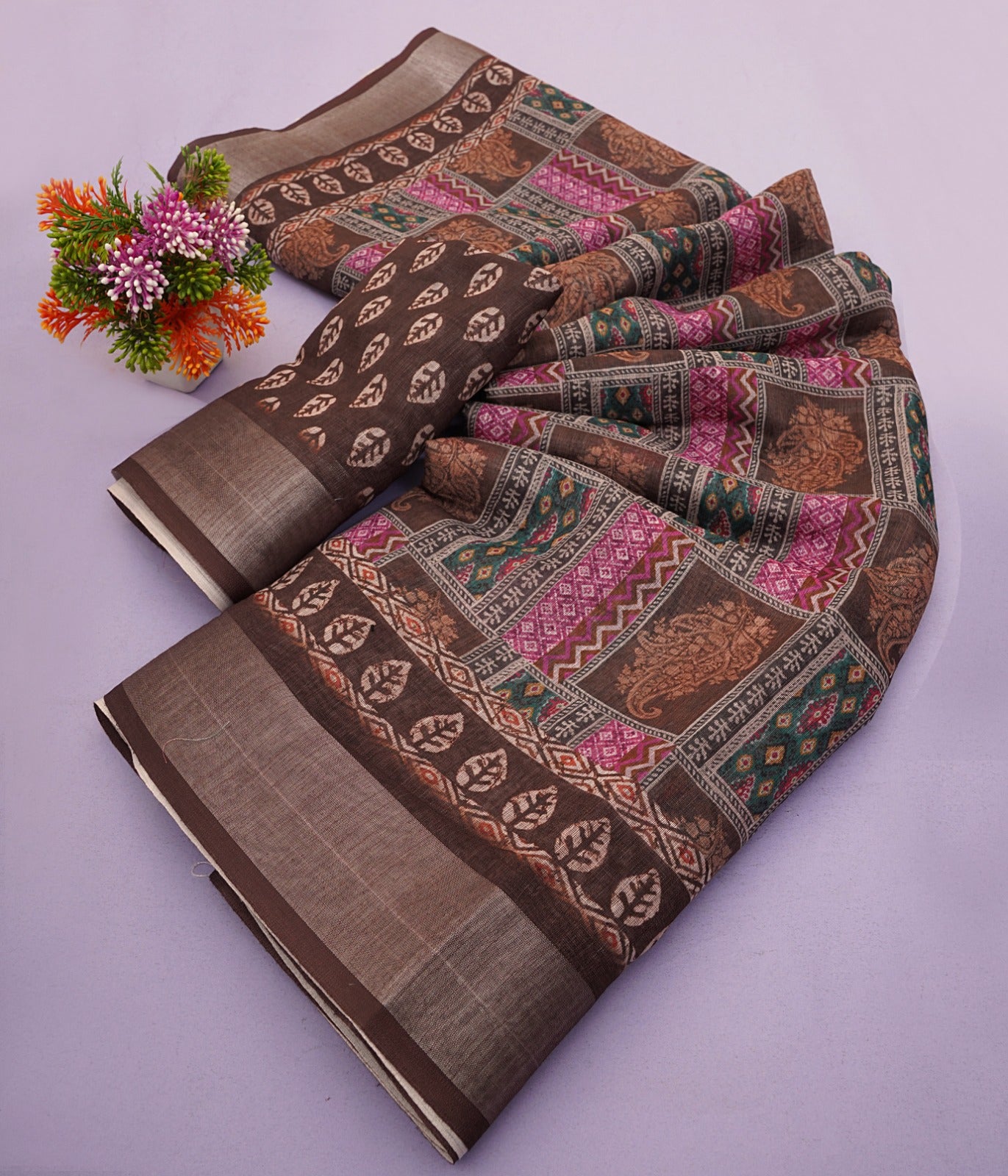 Premium Linen Cotton Digital Print Saree With Fancy Latkans