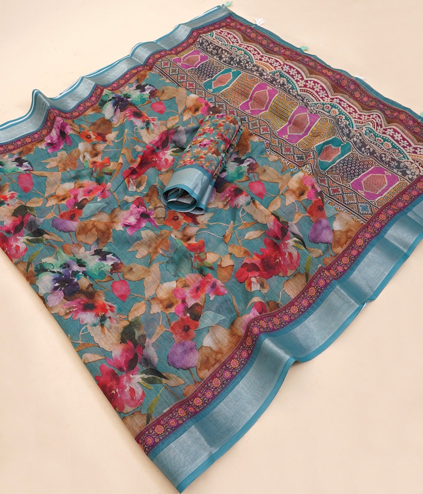 Premium Linen Cotton Digital Print Saree With Fancy Latkans