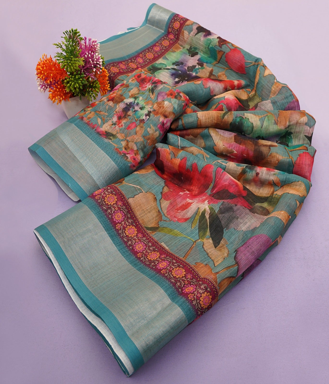 Premium Linen Cotton Digital Print Saree With Fancy Latkans
