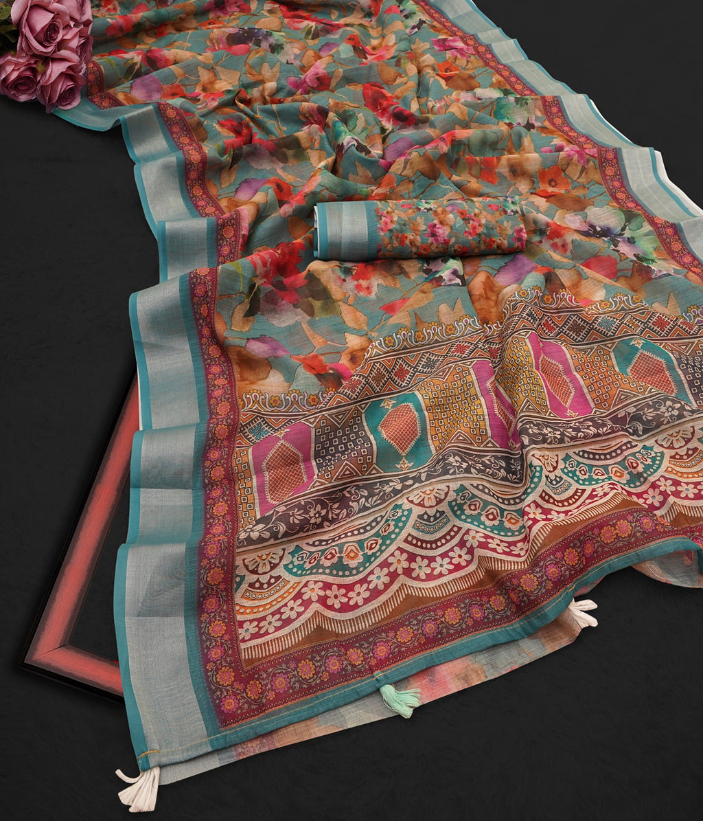 Premium Linen Cotton Digital Print Saree With Fancy Latkans