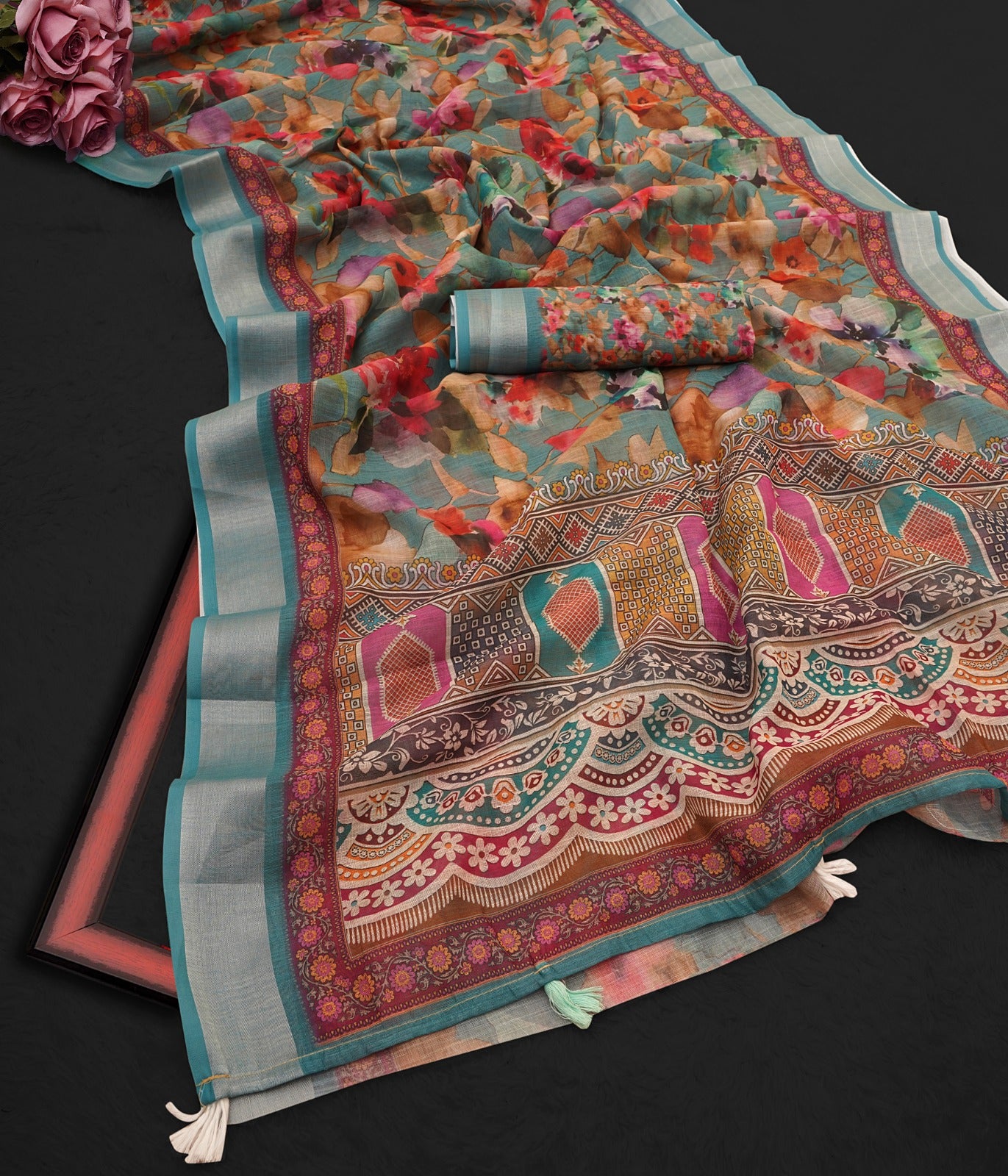 Premium Linen Cotton Digital Print Saree With Fancy Latkans