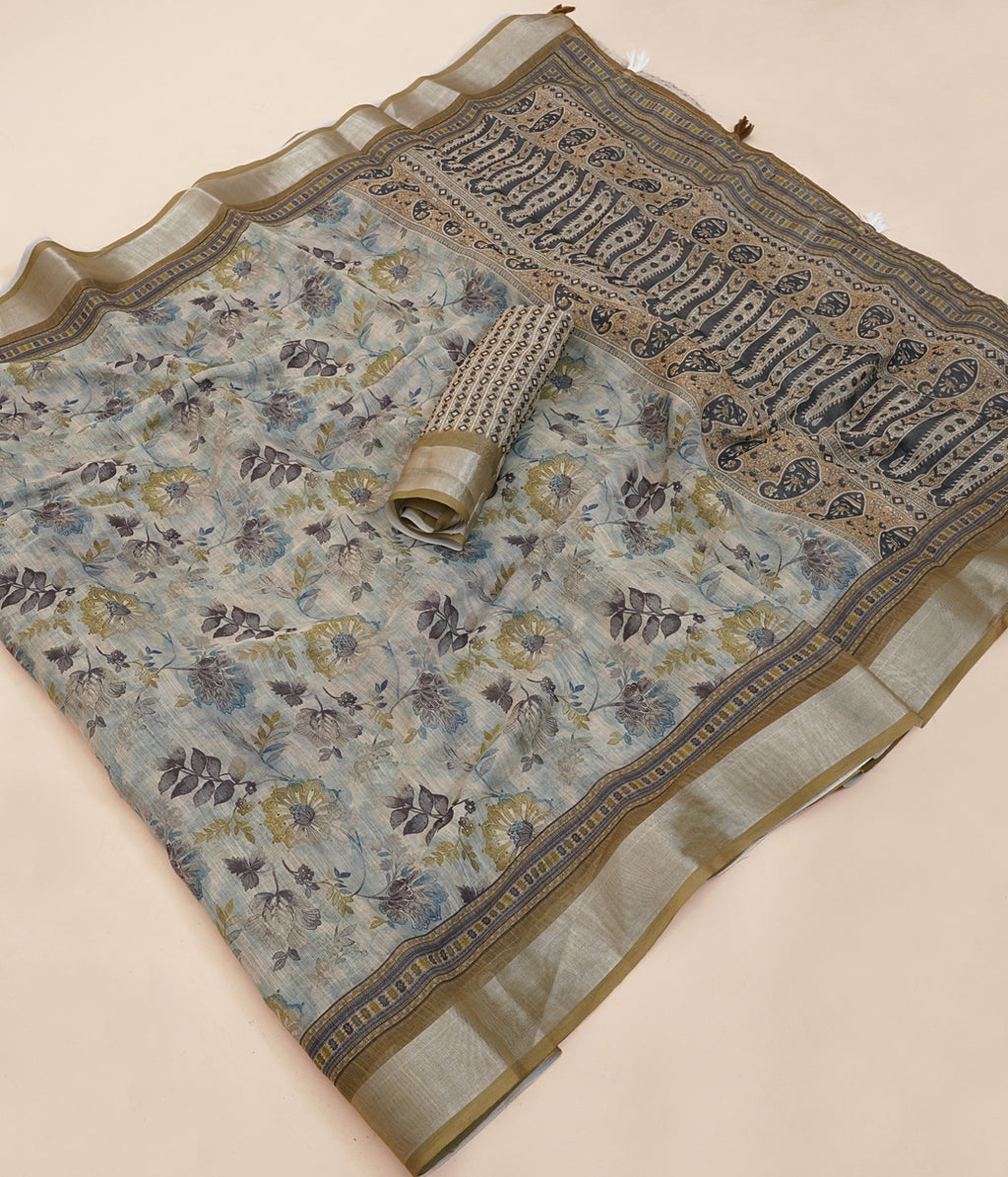 Premium Linen Cotton Digital Print Saree With Fancy Latkans