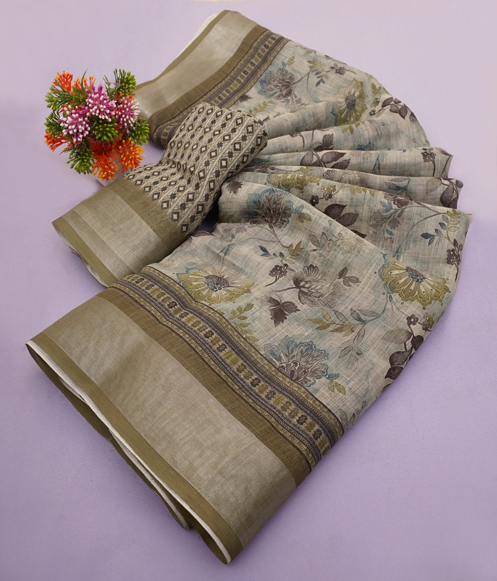 Premium Linen Cotton Digital Print Saree With Fancy Latkans