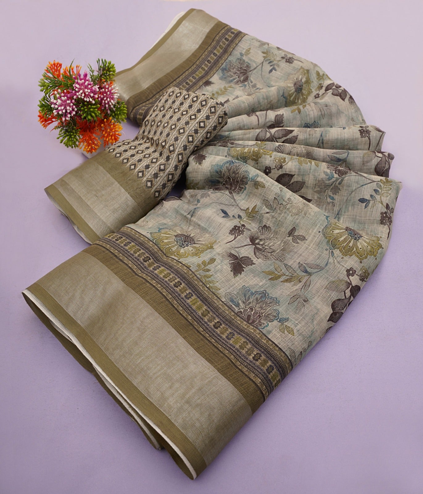 Premium Linen Cotton Digital Print Saree With Fancy Latkans