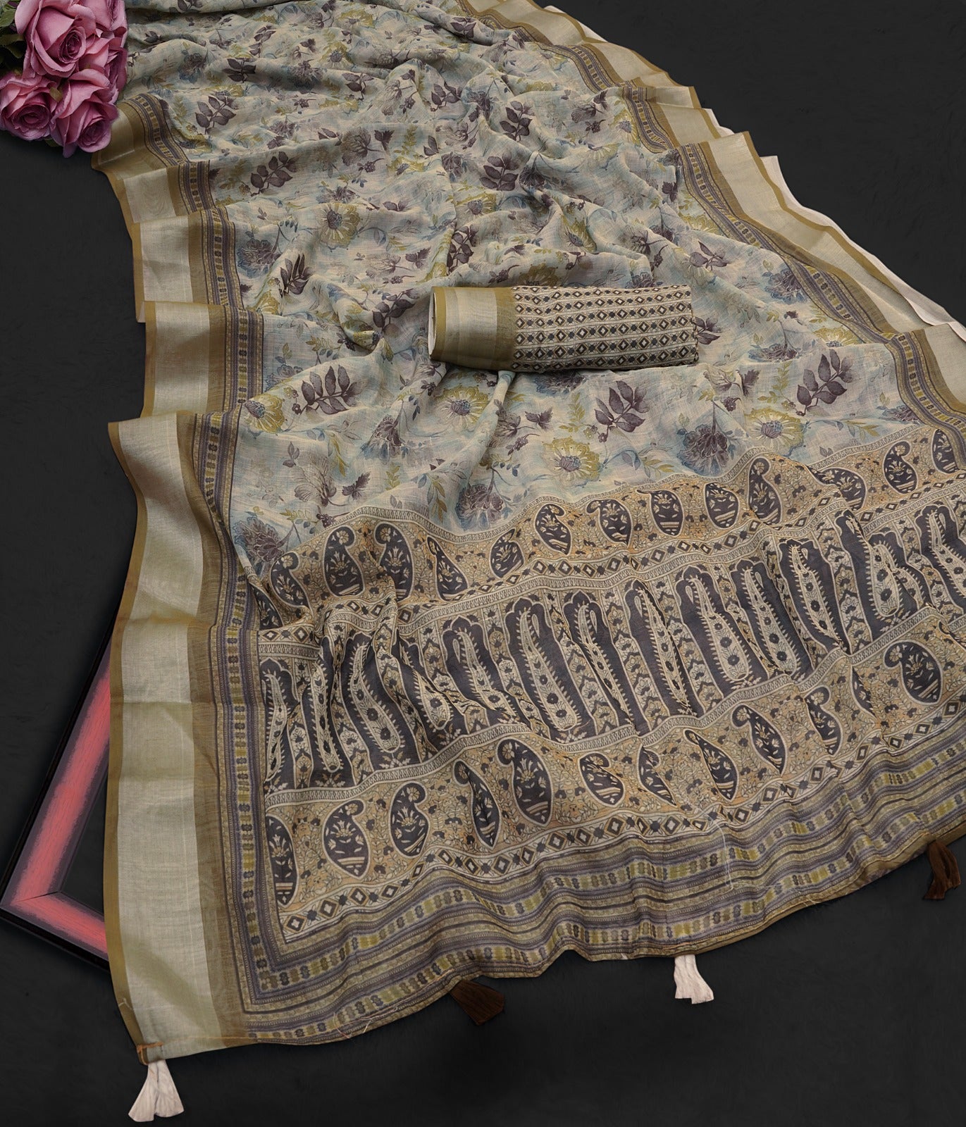 Premium Linen Cotton Digital Print Saree With Fancy Latkans