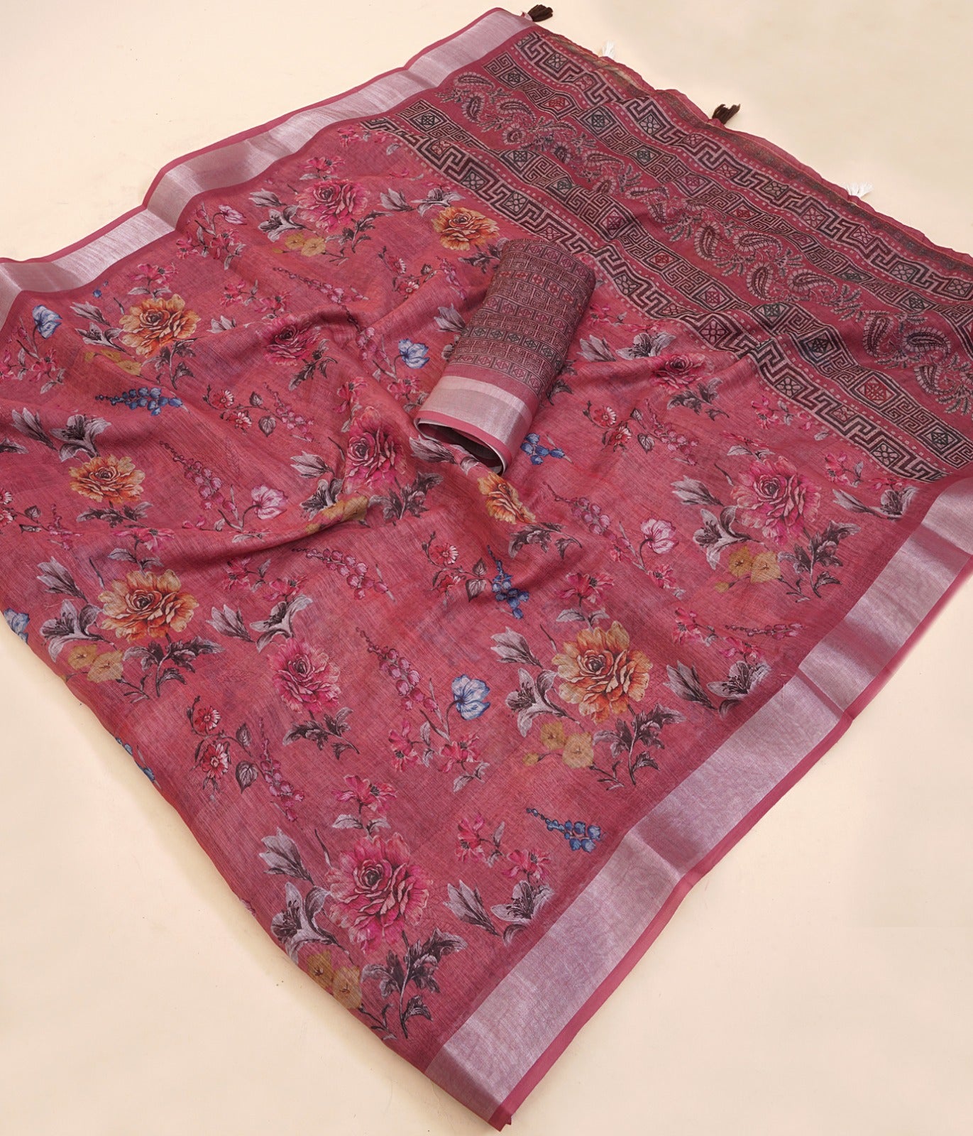 Premium Linen Cotton Digital Print Saree With Fancy Latkans
