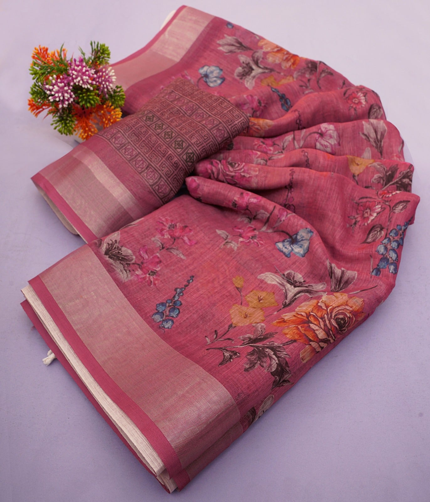 Premium Linen Cotton Digital Print Saree With Fancy Latkans
