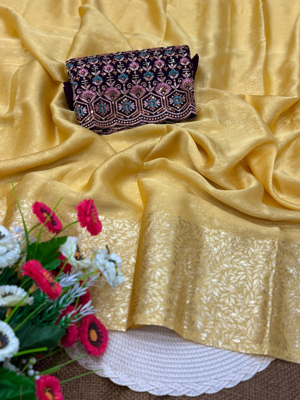 Satin Chiffon multi embroidery work saree