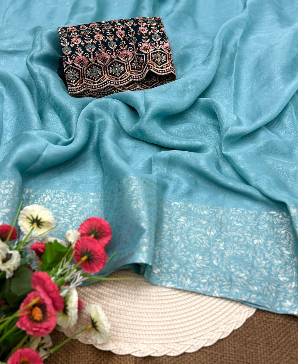 Satin Chiffon multi embroidery work saree