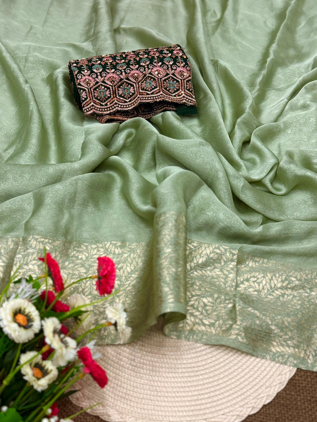 Satin Chiffon multi embroidery work saree