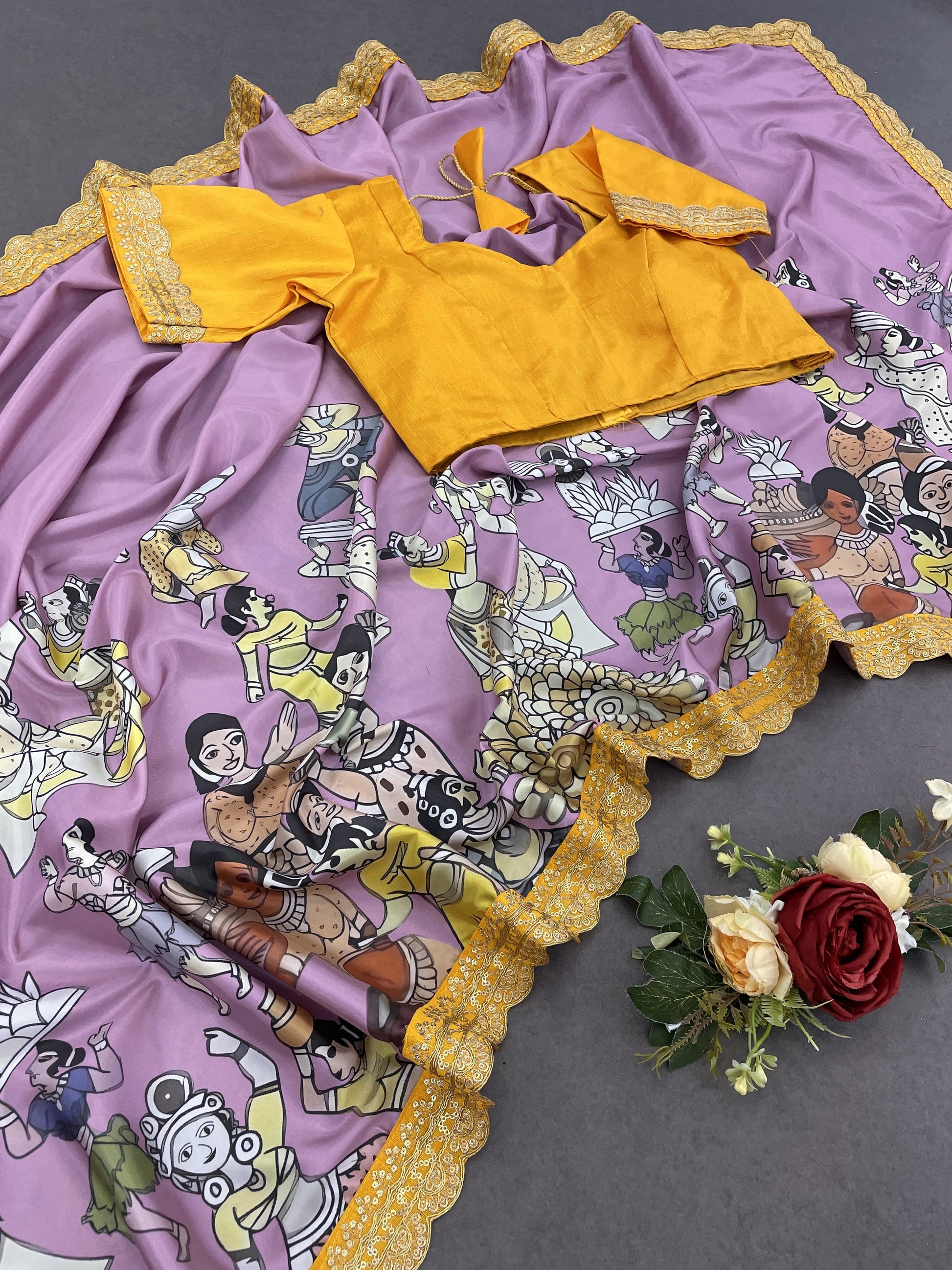 Premium Pure Dola Silk With  Kalamkari-inspired digital Print