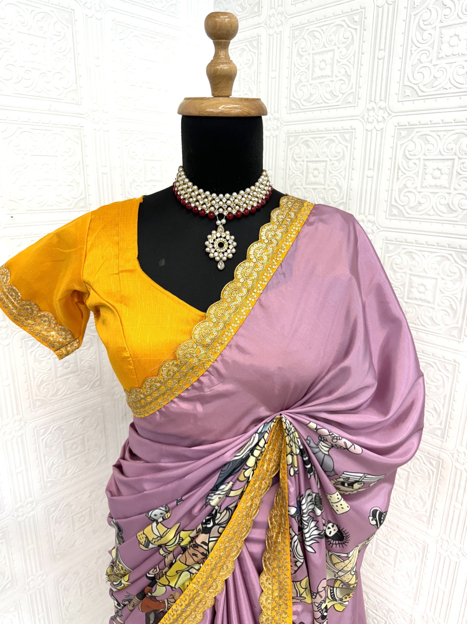 Premium Pure Dola Silk With  Kalamkari-inspired digital Print