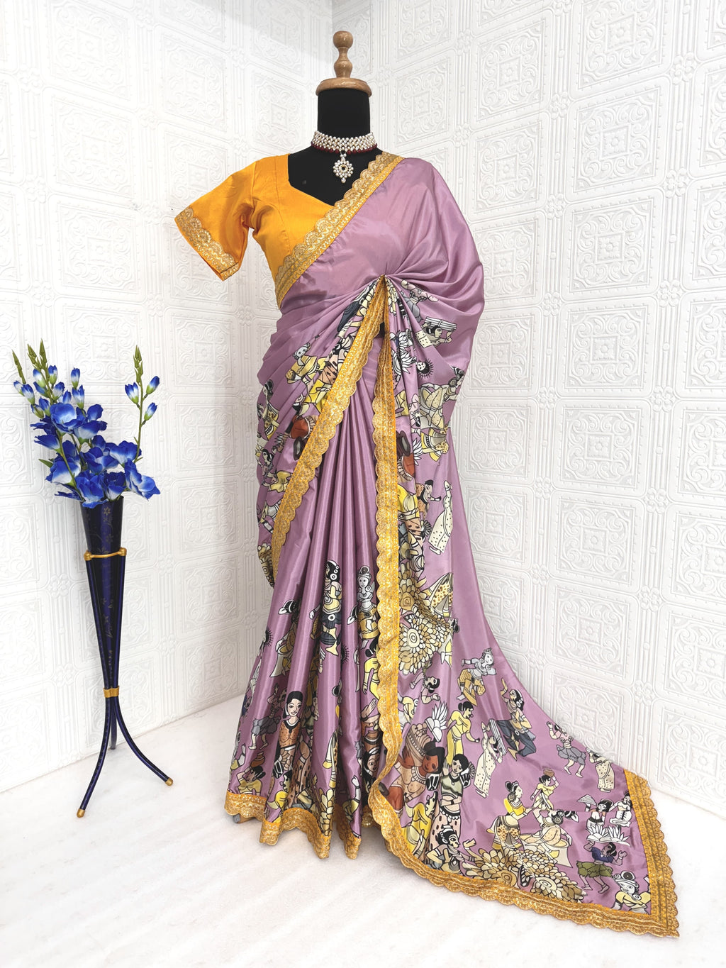 Premium Pure Dola Silk With  Kalamkari-inspired digital Print