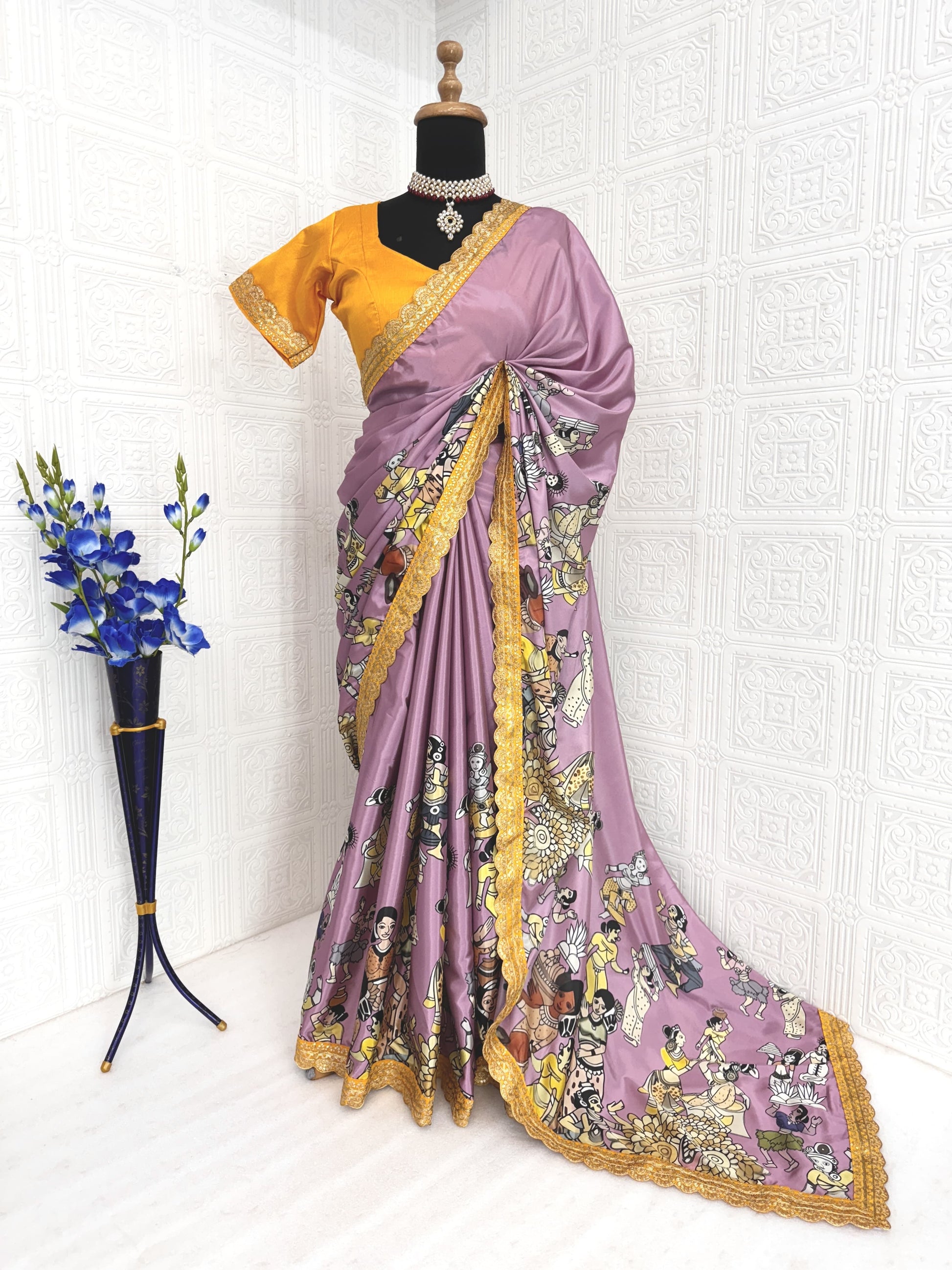 Premium Pure Dola Silk With  Kalamkari-inspired digital Print