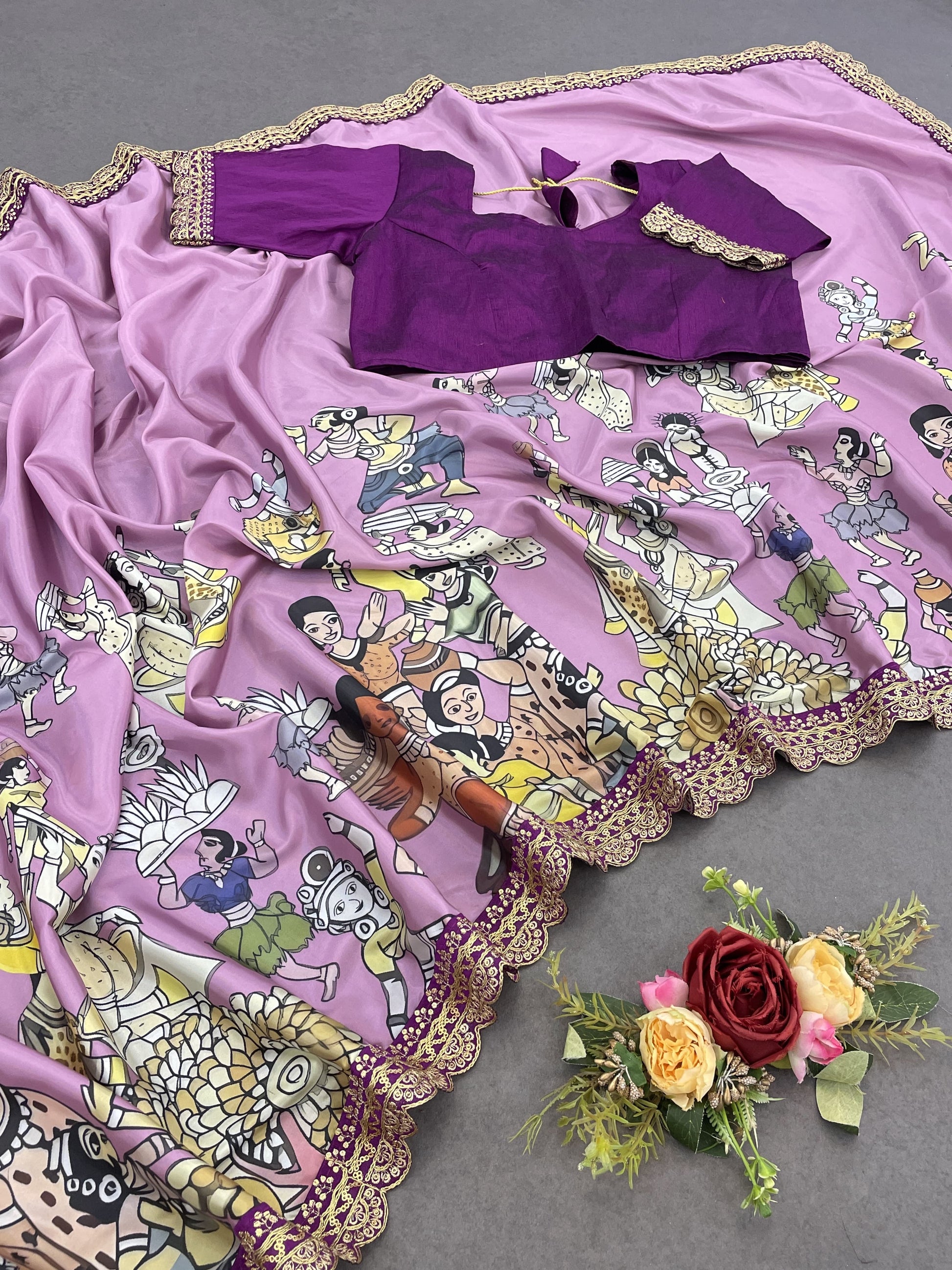 Premium Pure Dola Silk With  Kalamkari-inspired digital Print