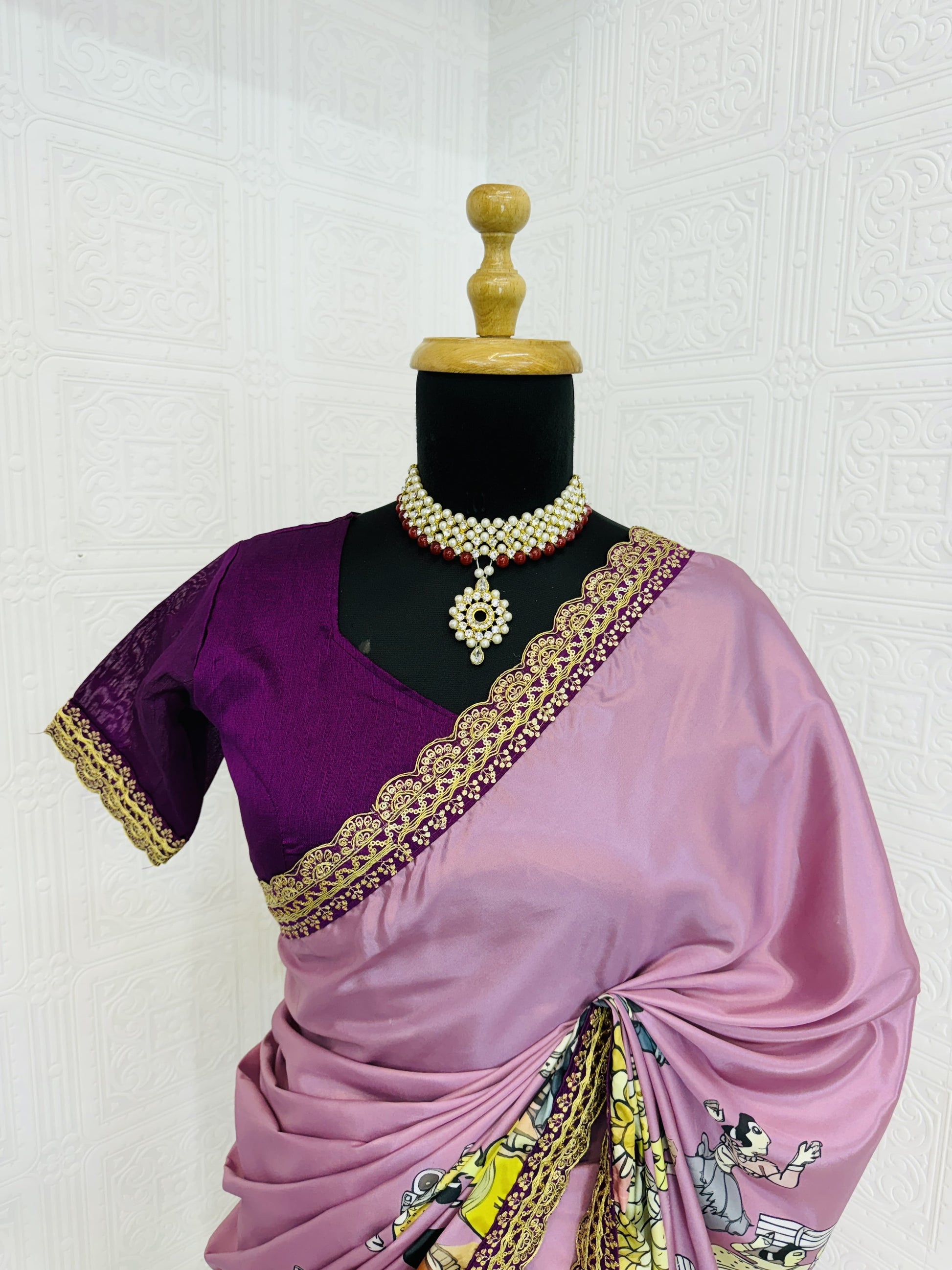 Premium Pure Dola Silk With  Kalamkari-inspired digital Print
