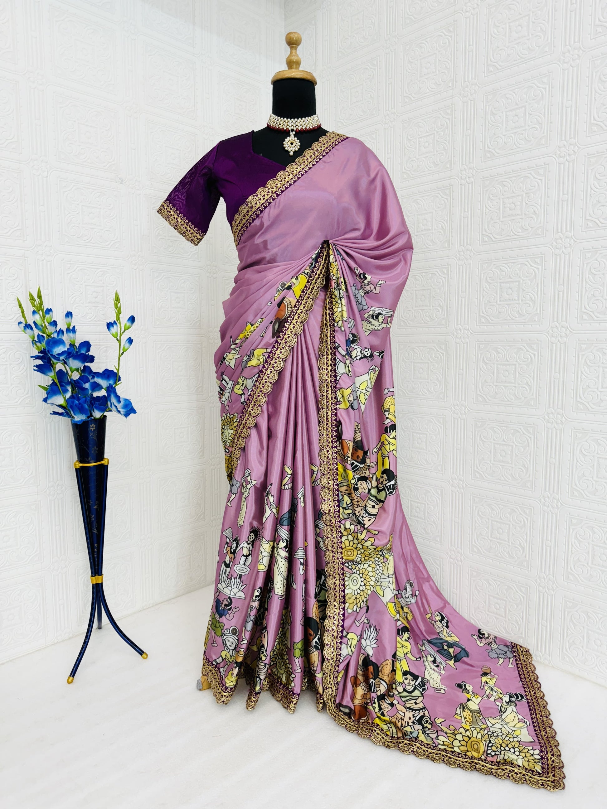 Premium Pure Dola Silk With  Kalamkari-inspired digital Print