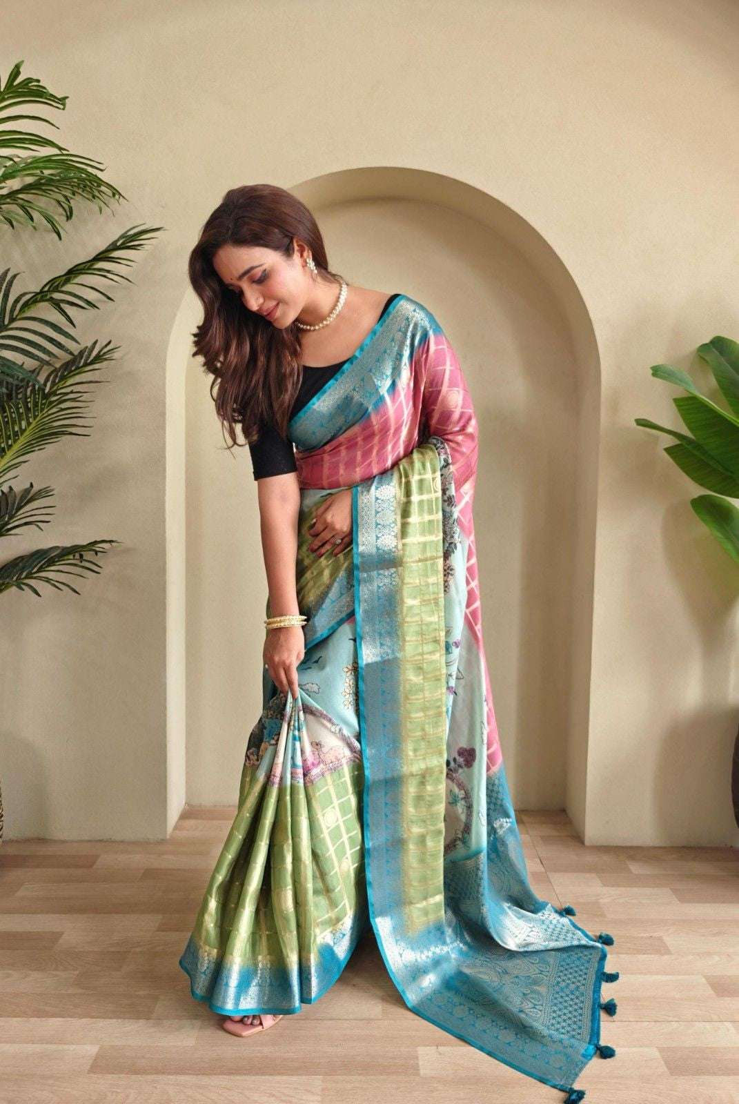 Georgette Weaving Saree with all-over digital prints, silver zari check pattern, rich pallu.