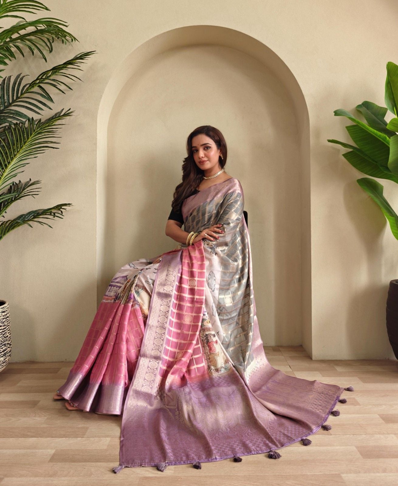 Georgette Weaving Saree with all-over digital prints, silver zari check pattern, rich pallu.