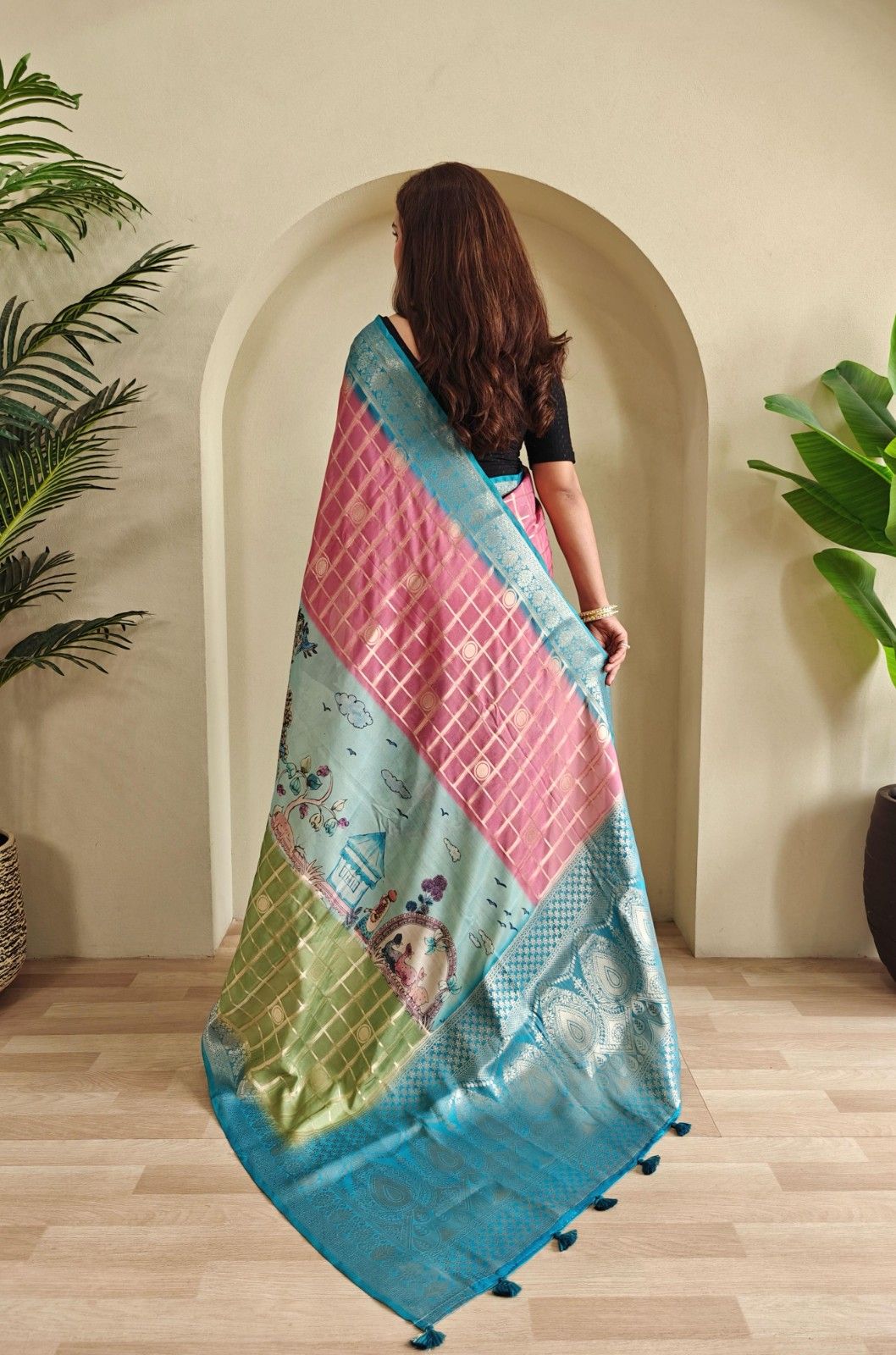 Georgette Weaving Saree with all-over digital prints, silver zari check pattern, rich pallu.