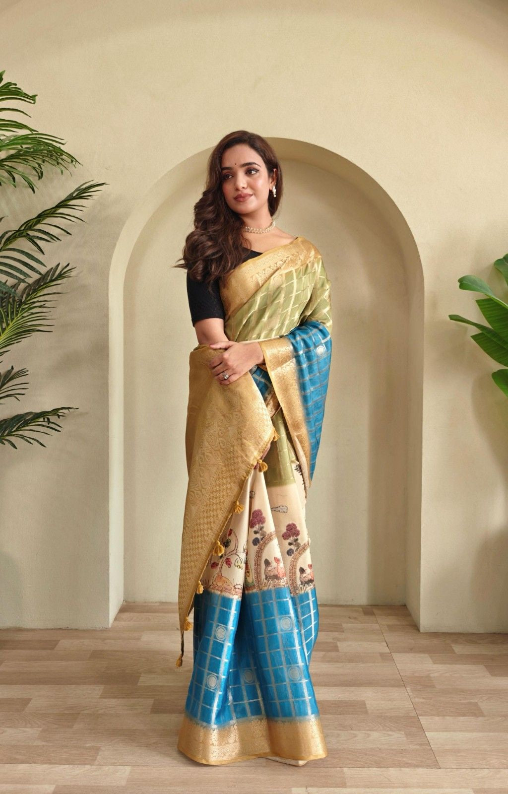 Georgette Weaving Saree with all-over digital prints, silver zari check pattern, rich pallu.