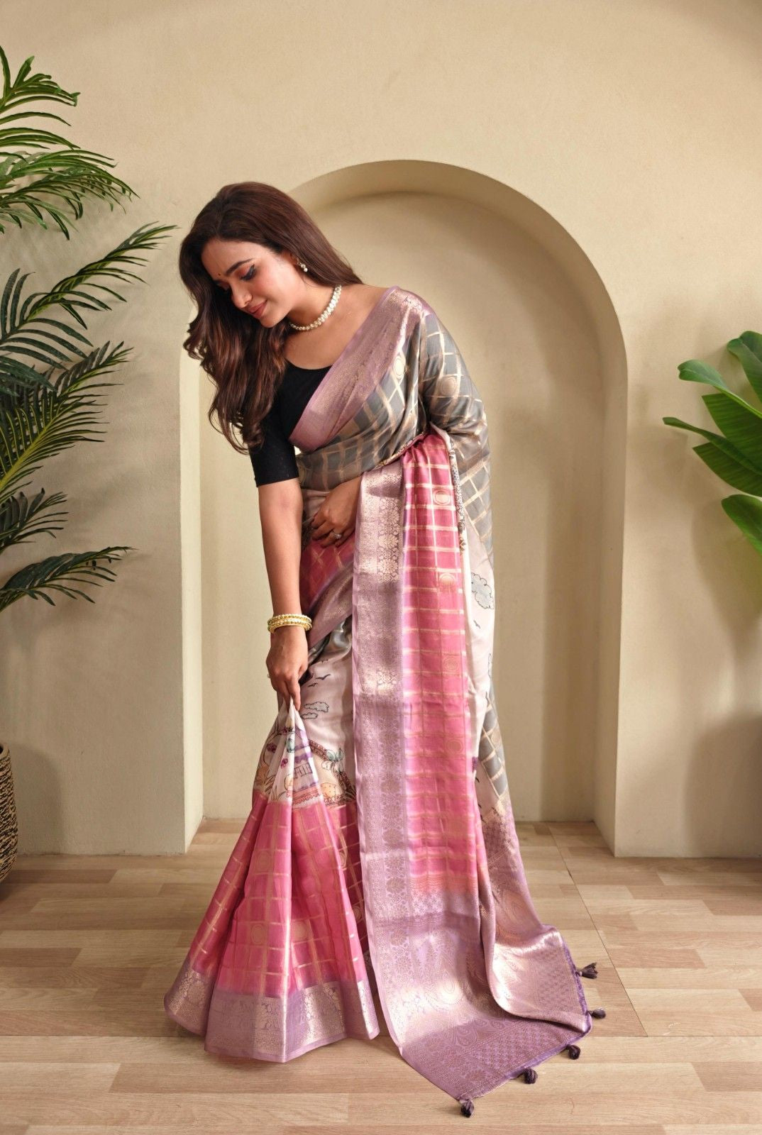 Georgette Weaving Saree with all-over digital prints, silver zari check pattern, rich pallu.