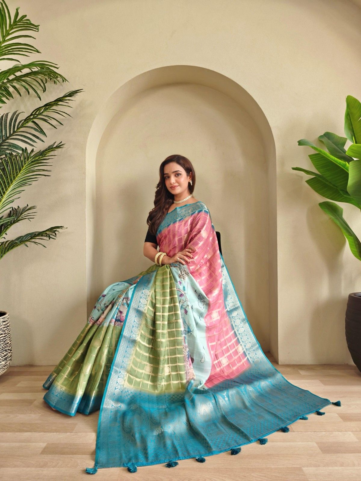 Georgette Weaving Saree with all-over digital prints, silver zari check pattern, rich pallu.