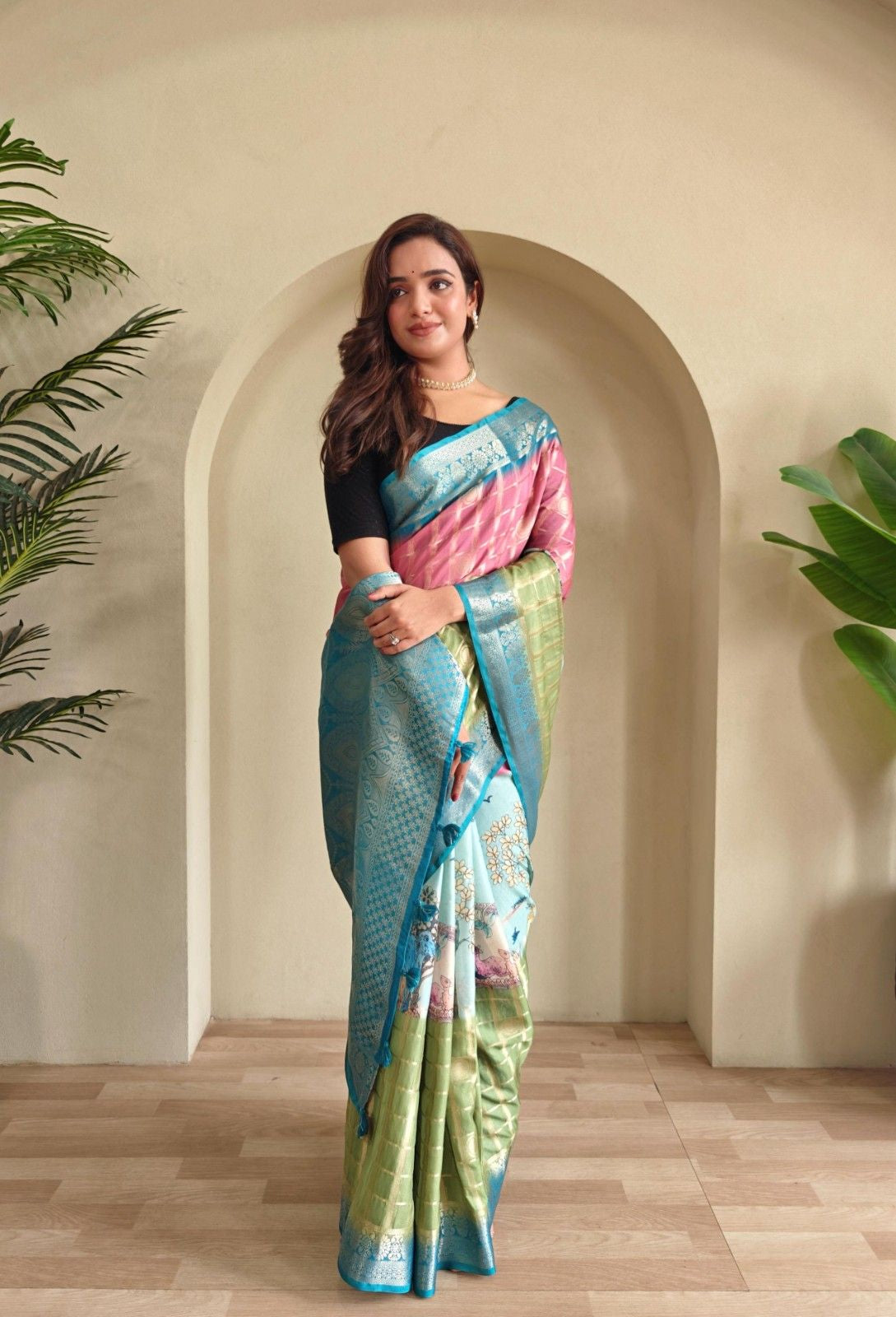 Georgette Weaving Saree with all-over digital prints, silver zari check pattern, rich pallu.