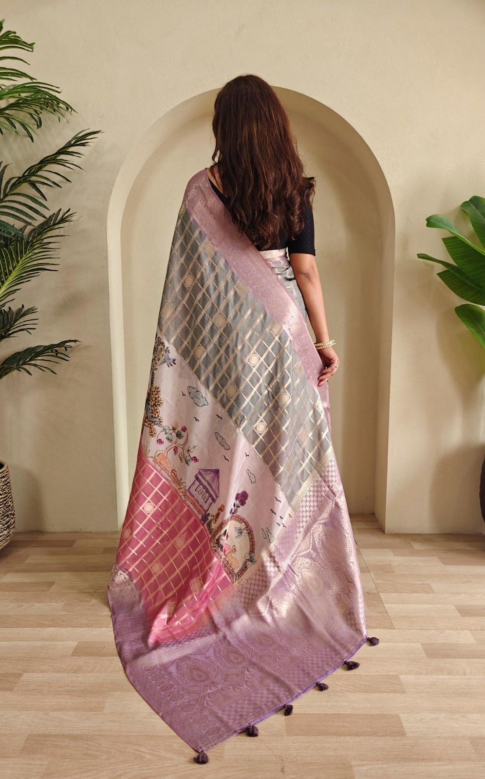 Georgette Weaving Saree with all-over digital prints, silver zari check pattern, rich pallu.