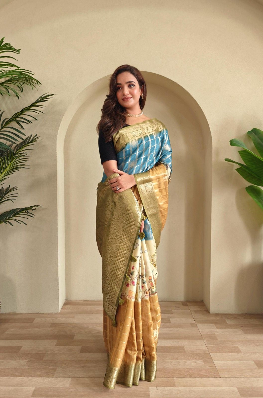 Georgette Weaving Saree with all-over digital prints, silver zari check pattern, rich pallu.