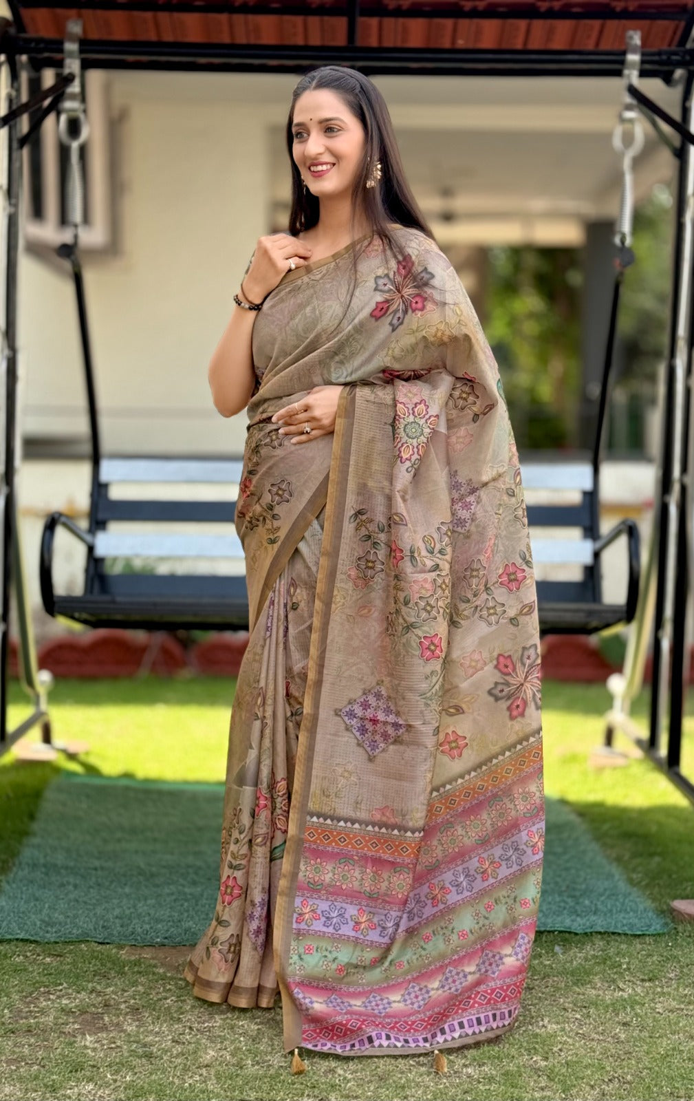 Premium Belly Silk Cotton Digital Print Saree with Fancy Latkans