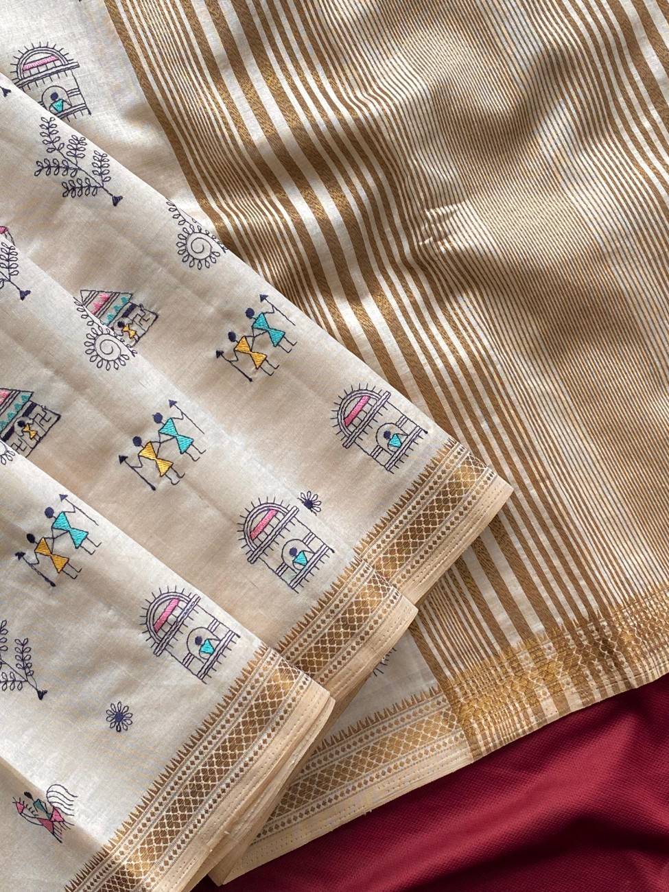 Pure Loom Tussar Saree With  Worli-inspired embroidery motifs.