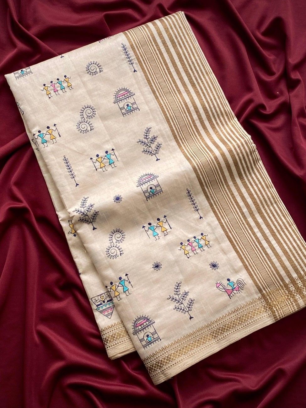 Pure Loom Tussar Saree With  Worli-inspired embroidery motifs.