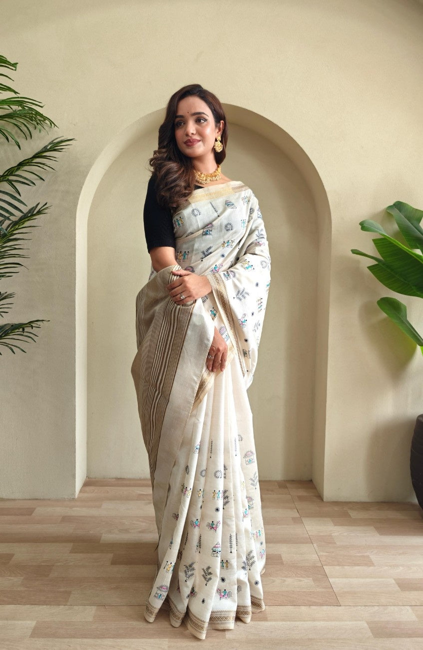 Pure Loom Tussar Saree With  Worli-inspired embroidery motifs.