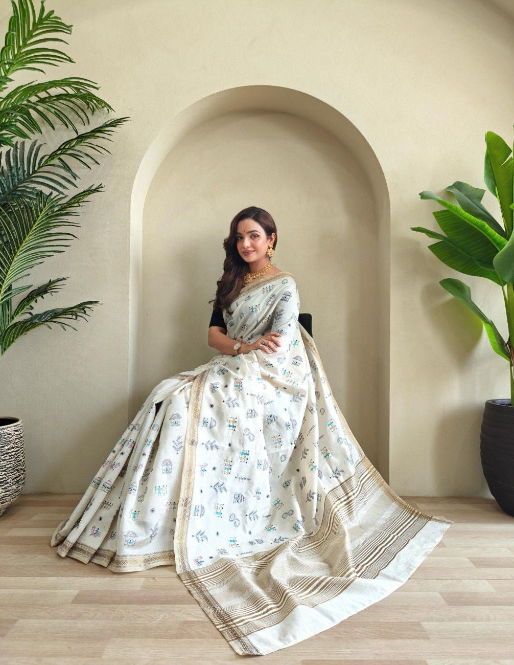 Pure Loom Tussar Saree With  Worli-inspired embroidery motifs.