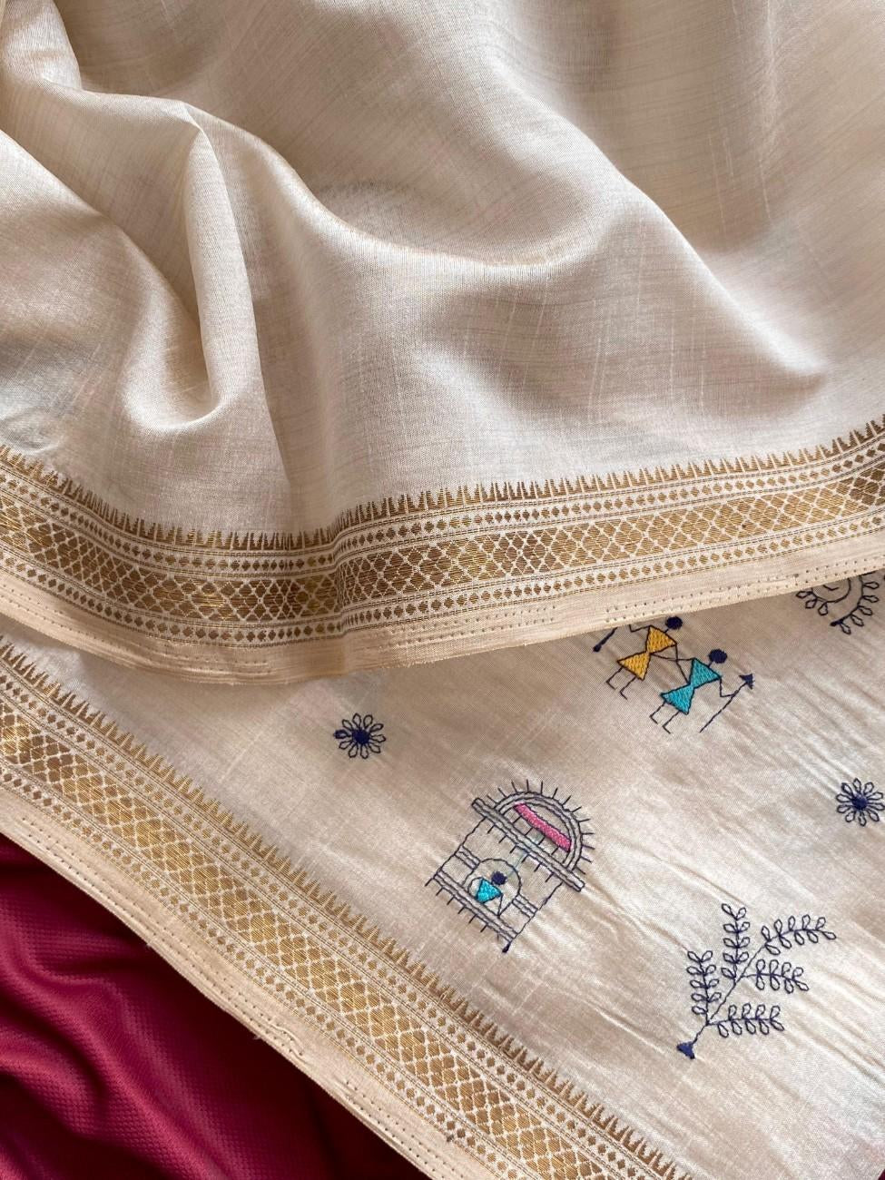Pure Loom Tussar Saree With  Worli-inspired embroidery motifs.