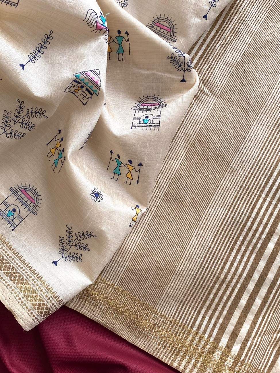 Pure Loom Tussar Saree With  Worli-inspired embroidery motifs.