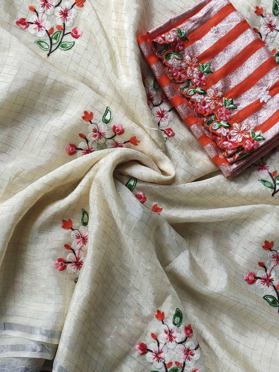 Premium Glass German Chiffon Chex Sarees with intricate thread embroidery.