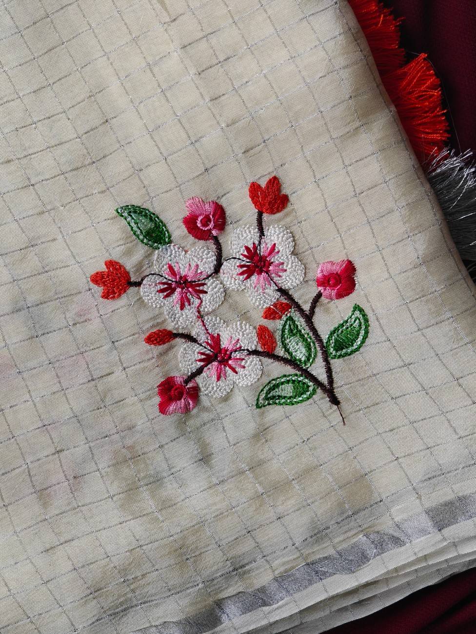 Premium Glass German Chiffon Chex Sarees with intricate thread embroidery.