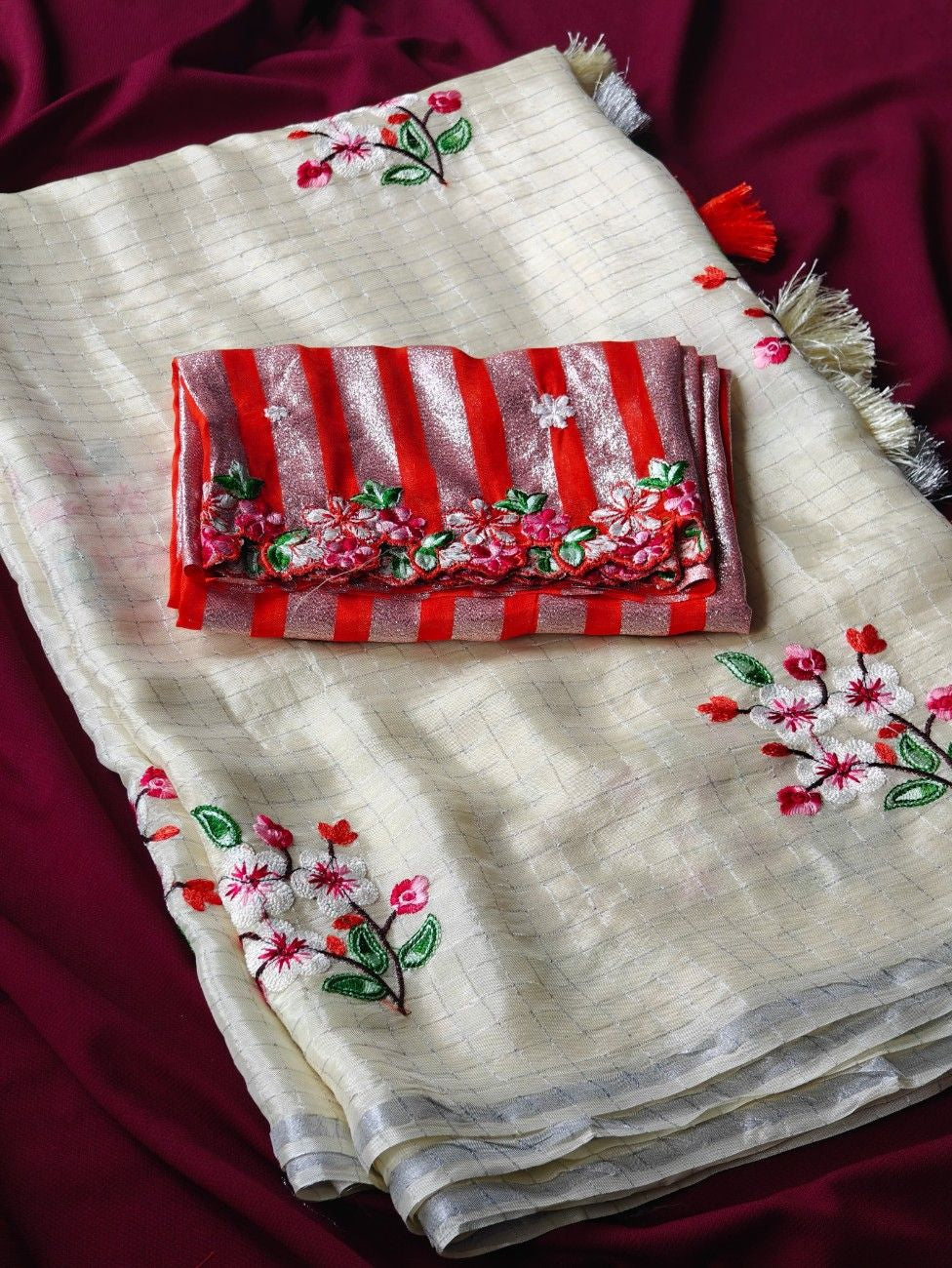 Premium Glass German Chiffon Chex Sarees with intricate thread embroidery.